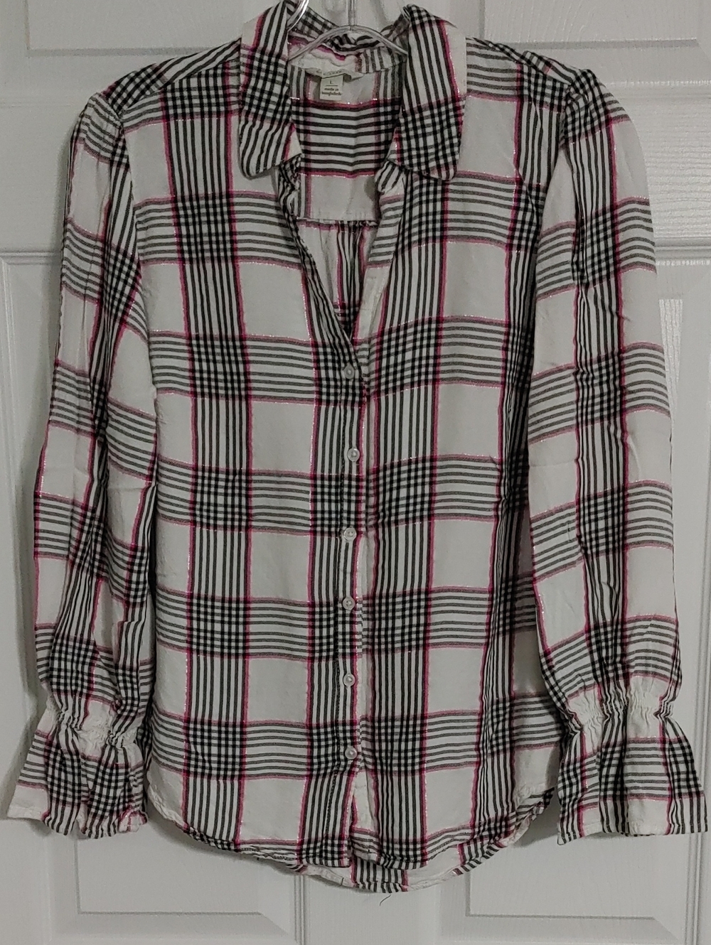Womens White Plaid Button-Up Shirt with Pink & Black Stripes Size Large
